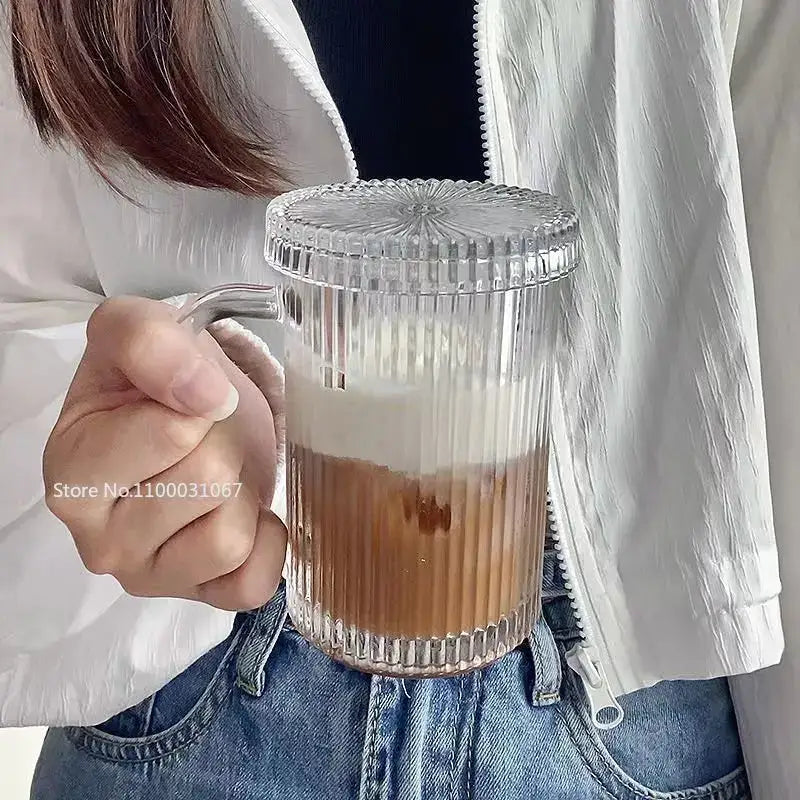 Japanese ribbed glass coffee cup set kitchen glassware with lids