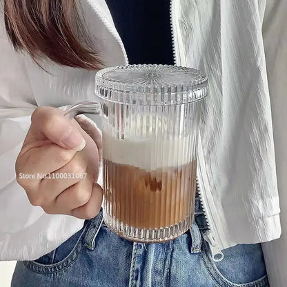 Japanese ribbed glass coffee cup set kitchen glassware with lids