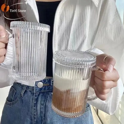 Japanese ribbed glass coffee cup set kitchen glassware with lids