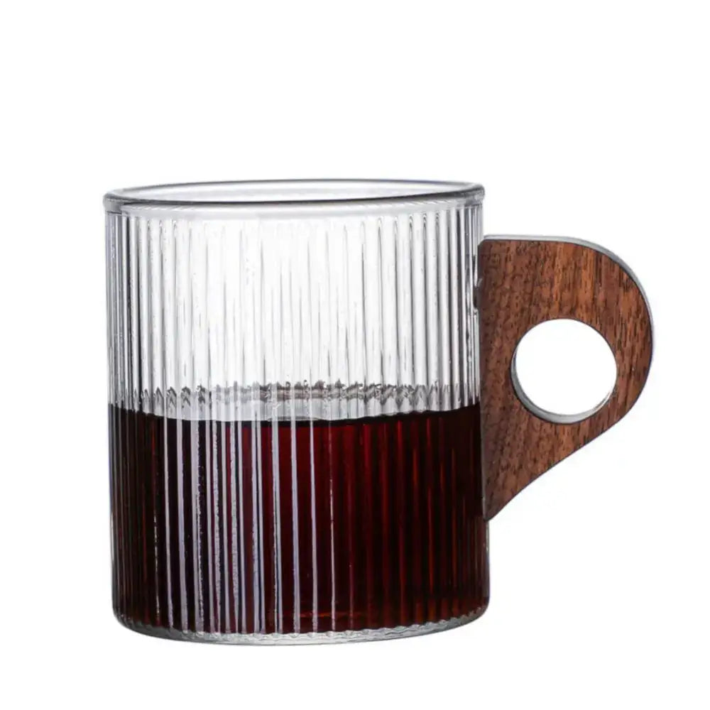 Japanese ribbed glass coffee mug with wooden handle – kitchen cup
