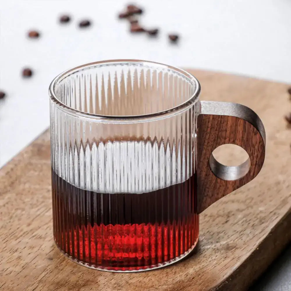 Japanese ribbed glass coffee mug with wooden handle – kitchen cup