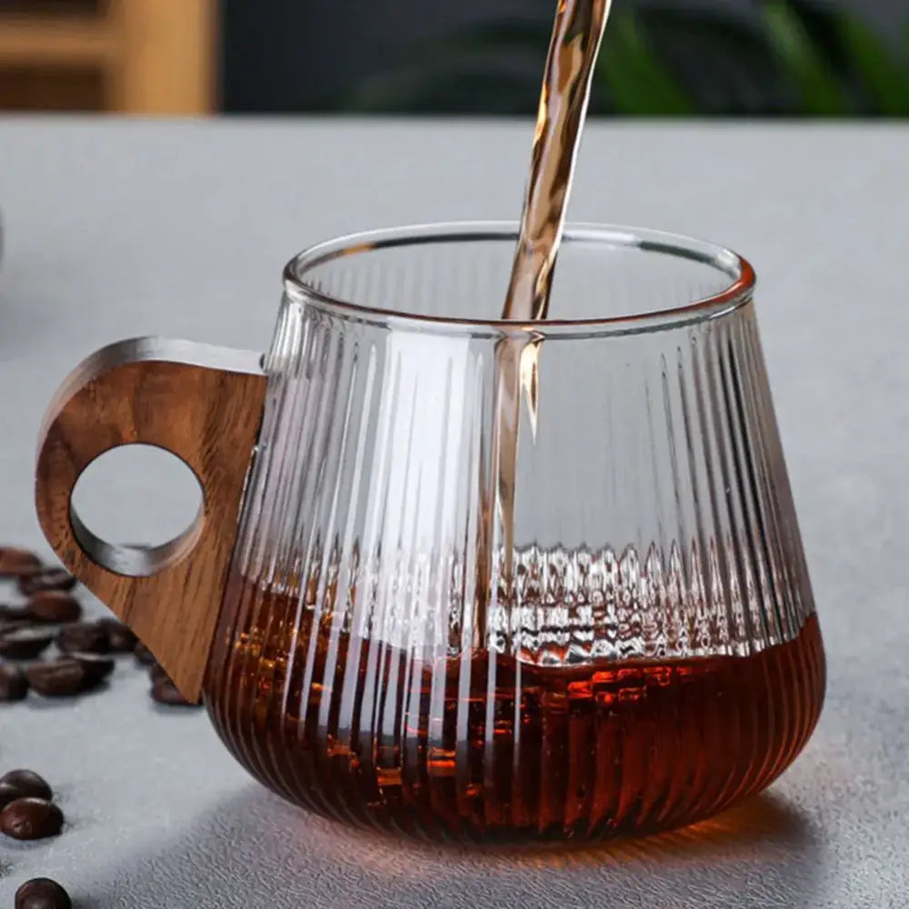 Japanese ribbed glass coffee mug with wooden handle – kitchen cup