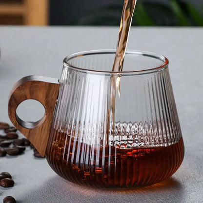 Japanese ribbed glass coffee mug with wooden handle – kitchen cup