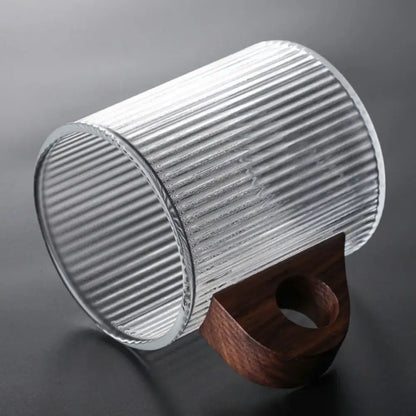 Japanese ribbed glass coffee mug with wooden handle – kitchen cup