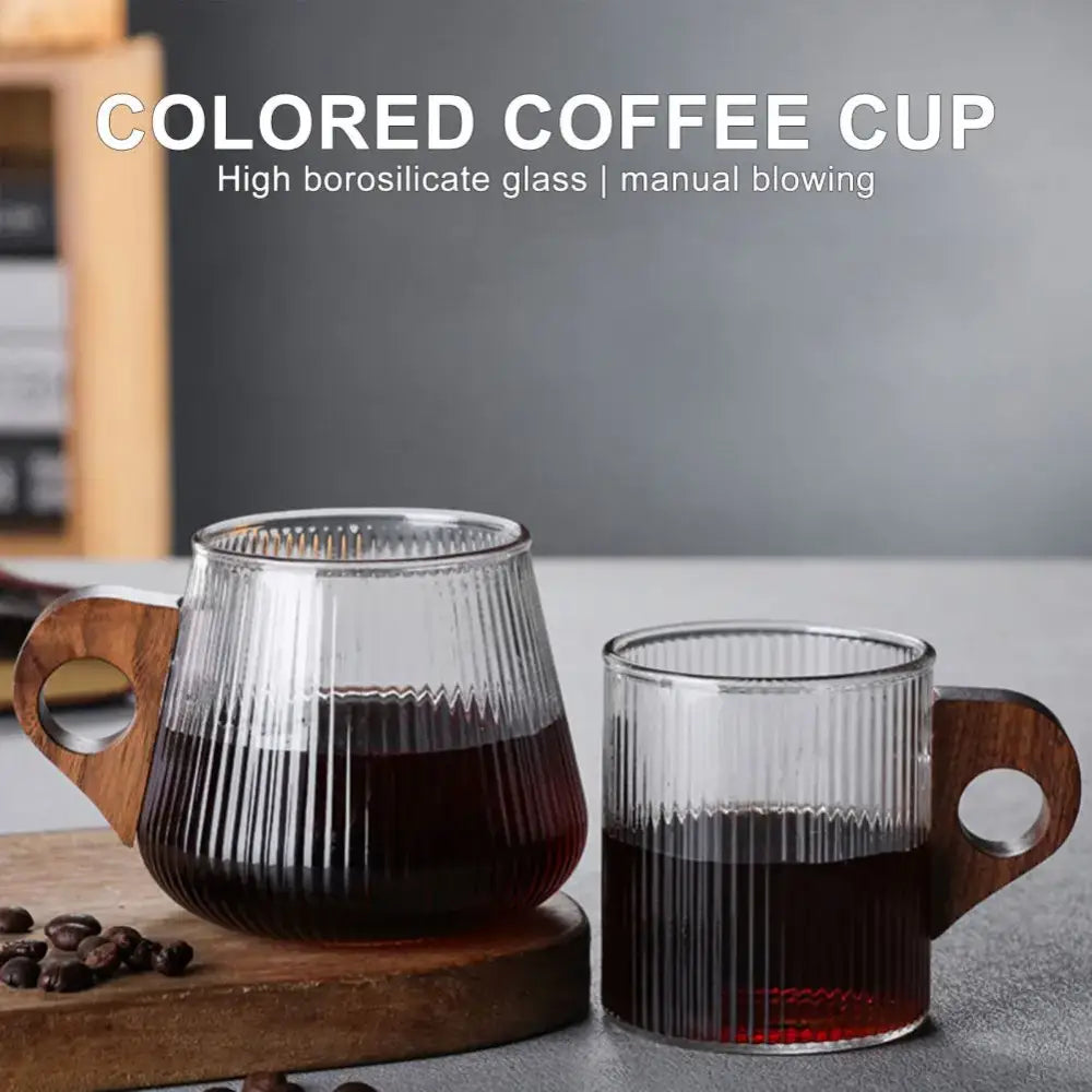 Japanese ribbed glass coffee mug with wooden handle – kitchen cup