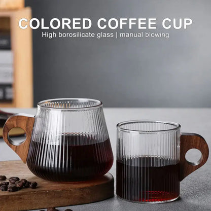 Japanese ribbed glass coffee mug with wooden handle – kitchen cup