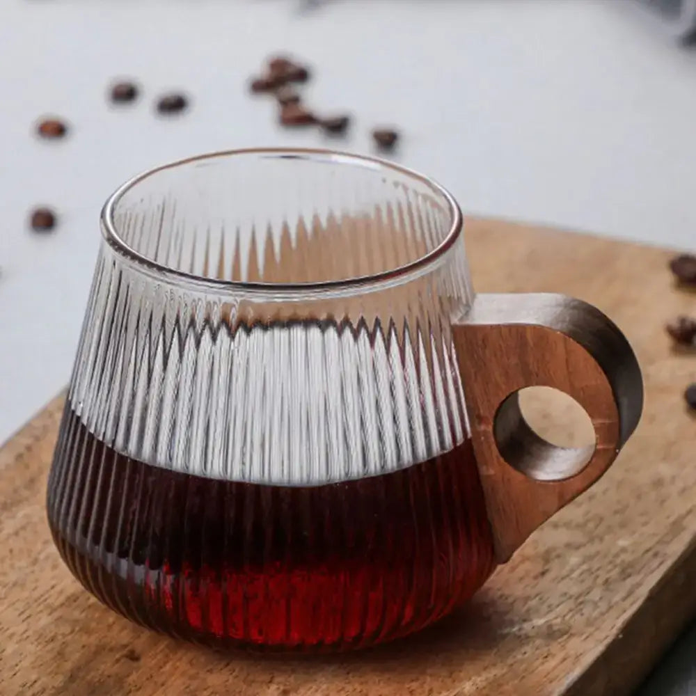 Japanese ribbed glass coffee mug with wooden handle – kitchen cup