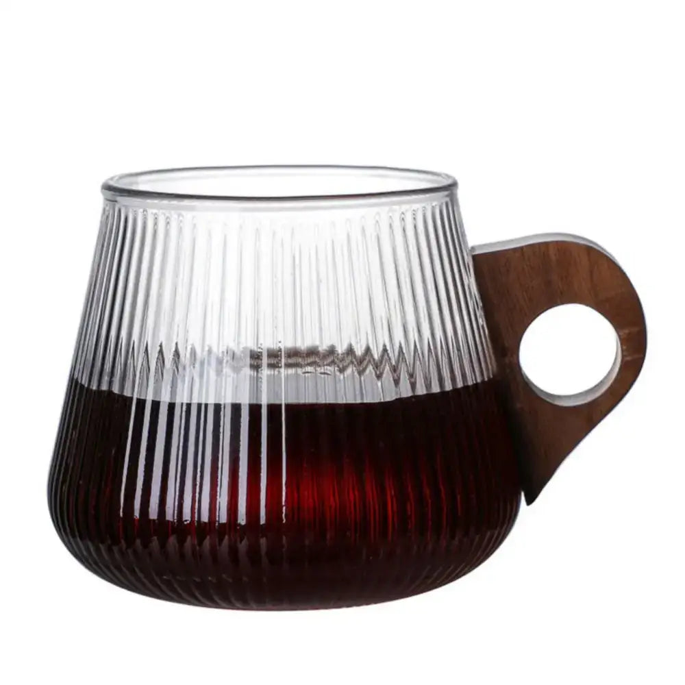 Japanese ribbed glass coffee mug with wooden handle – kitchen cup