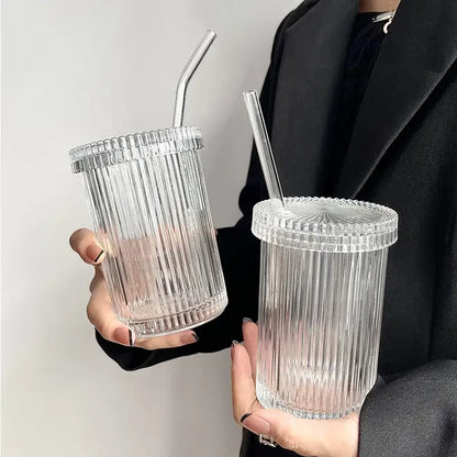 Japanese ribbed glass straw cup set kitchen tumbler with lid