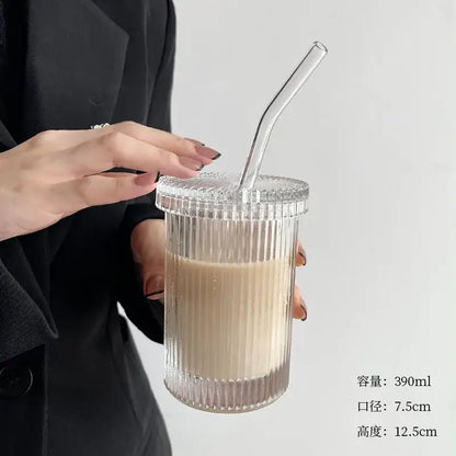 Japanese ribbed glass straw cup set kitchen tumbler with lid
