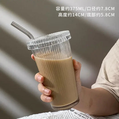 Japanese ribbed glass straw cup set kitchen tumbler with lid