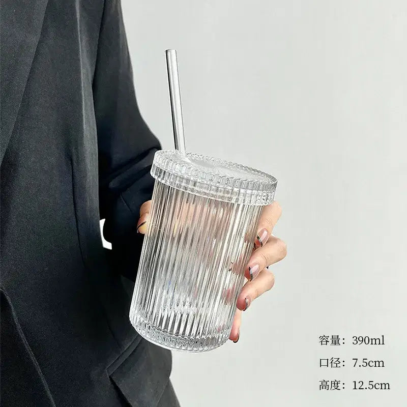 Japanese ribbed glass straw cup set kitchen tumbler with lid