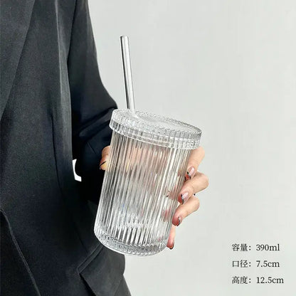 Japanese ribbed glass straw cup set kitchen tumbler with lid