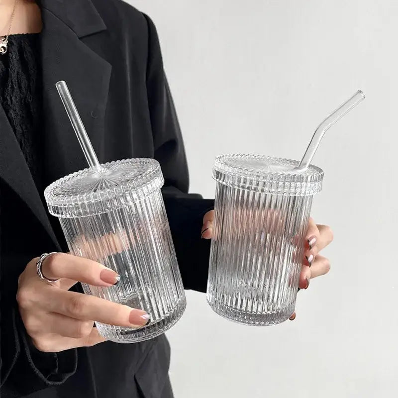 Japanese ribbed glass straw cup set kitchen tumbler with lid
