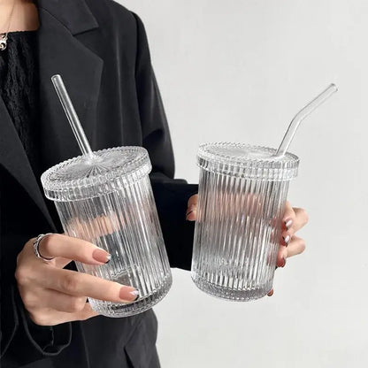 Japanese ribbed glass straw cup set kitchen tumbler with lid