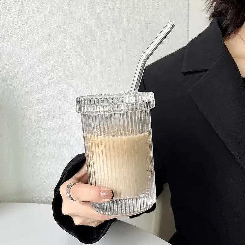 Japanese ribbed glass straw cup set kitchen tumbler with lid