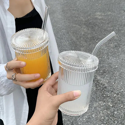 Japanese ribbed glass straw cup set kitchen tumbler with lid