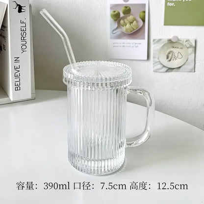 Japanese ribbed glass straw cup set kitchen tumbler with lid