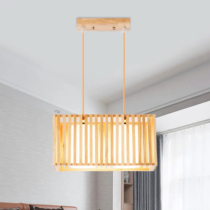 DecorBites™ Japanese Style 2-Head Pendant Lighting for Dining Table - Rubber Wood Cuboid Cage Island Light