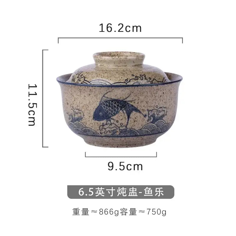 Japanese style blue fish ceramic ramen bowl dining room with lid