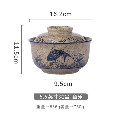 Japanese style blue fish ceramic ramen bowl dining room with lid