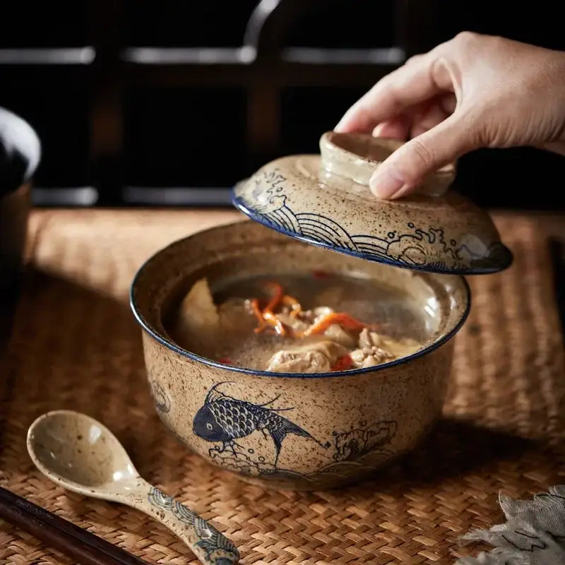 Japanese style blue fish ceramic ramen bowl dining room with lid
