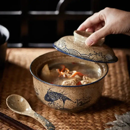 Japanese style blue fish ceramic ramen bowl dining room with lid