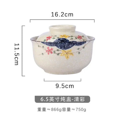 Japanese style blue fish ceramic ramen bowl dining room with lid