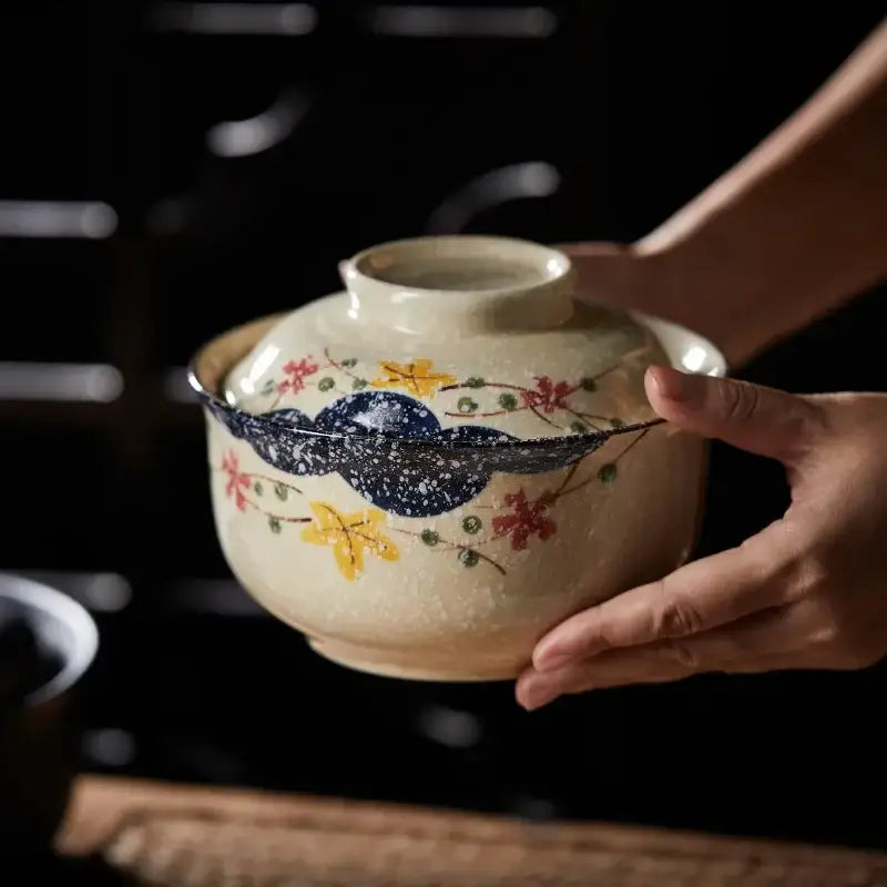 Japanese style blue fish ceramic ramen bowl dining room with lid