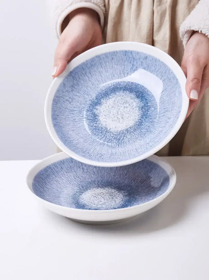 Japanese style blue & white ceramic deep dish bowl dining room patterned