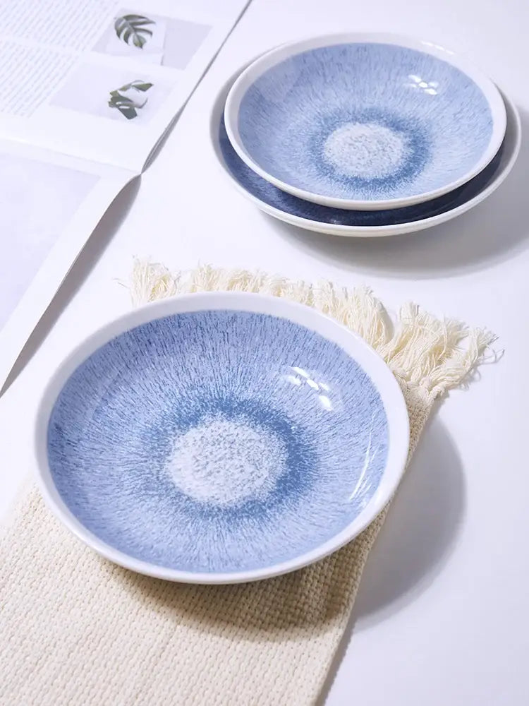 Japanese style blue & white ceramic deep dish bowl dining room patterned