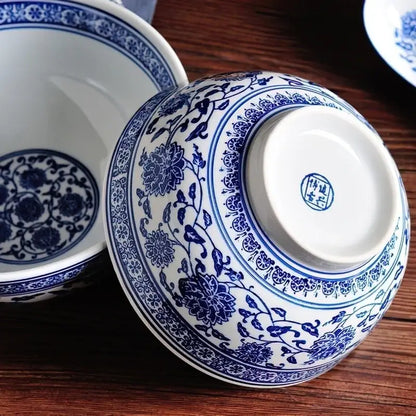 Japanese style blue & white ceramic noodle bowl dining room set of 3