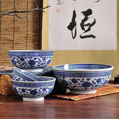 Japanese style blue & white ceramic noodle bowl dining room set of 3