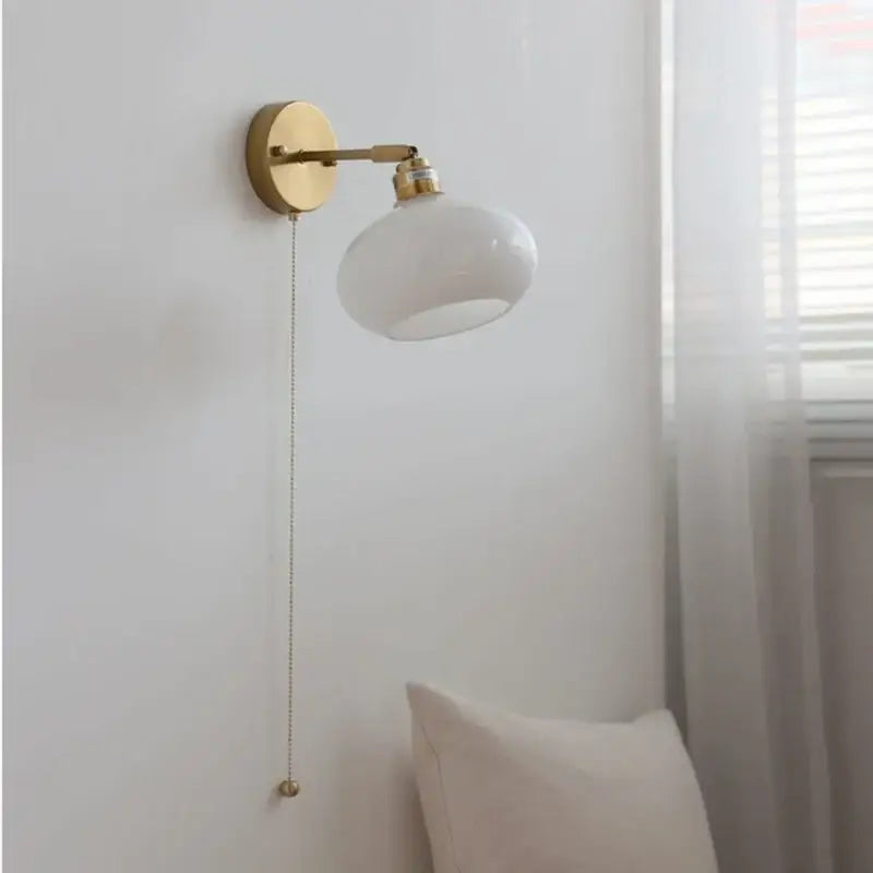 Japanese style brass and white glass wall sconce bedroom pull light