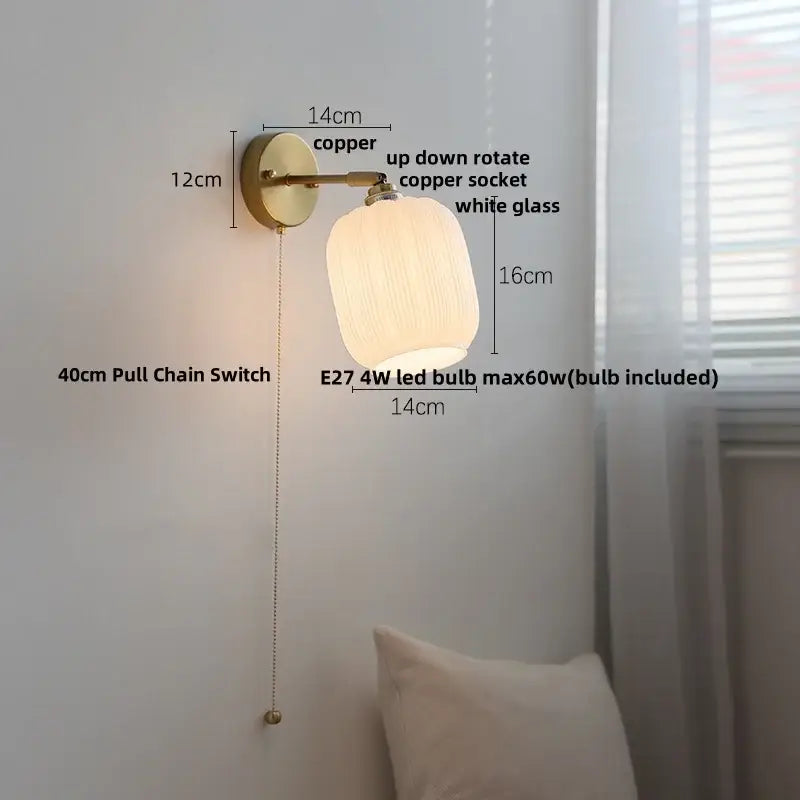 Japanese style brass and white glass wall sconce bedroom pull light