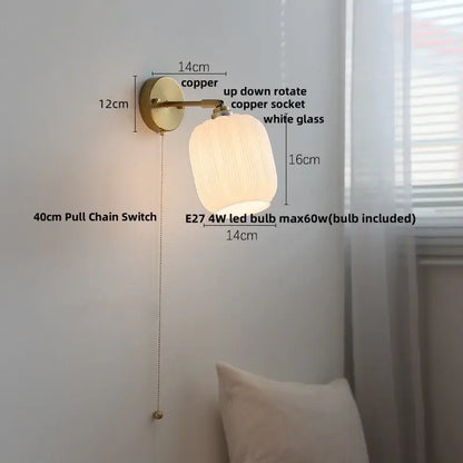 Japanese style brass and white glass wall sconce bedroom pull light