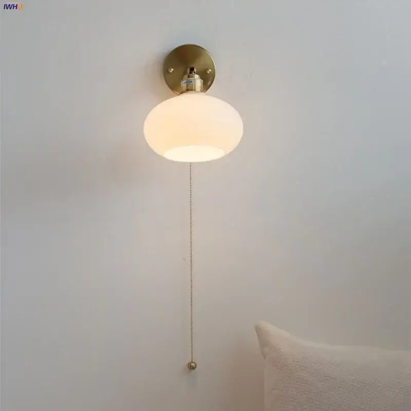Japanese style brass and white glass wall sconce bedroom pull light