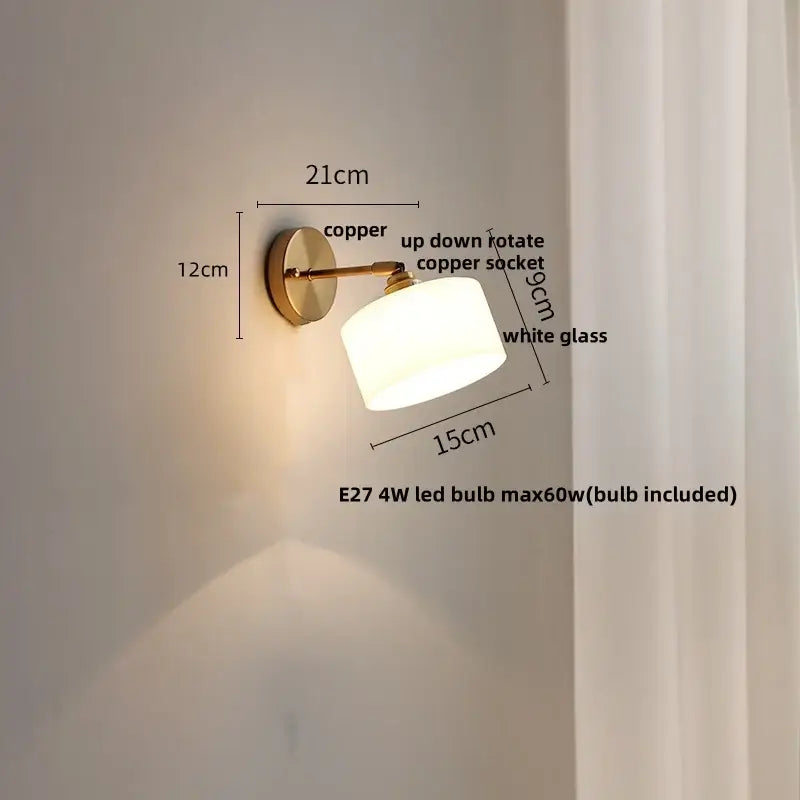 Japanese style brass and white glass wall sconce bedroom pull light