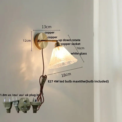 Japanese style brass and white glass wall sconce bedroom pull light