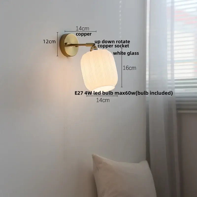 Japanese style brass and white glass wall sconce bedroom pull light