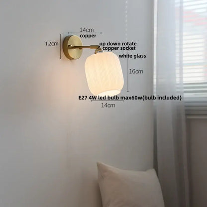 Japanese style brass and white glass wall sconce bedroom pull light