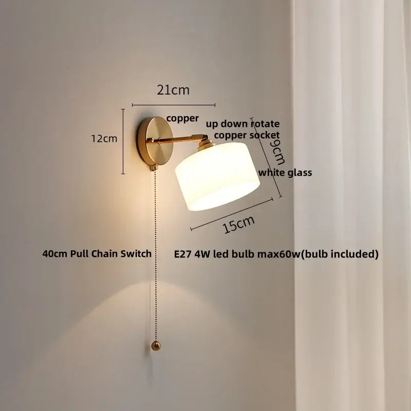 Japanese style brass and white glass wall sconce bedroom pull light