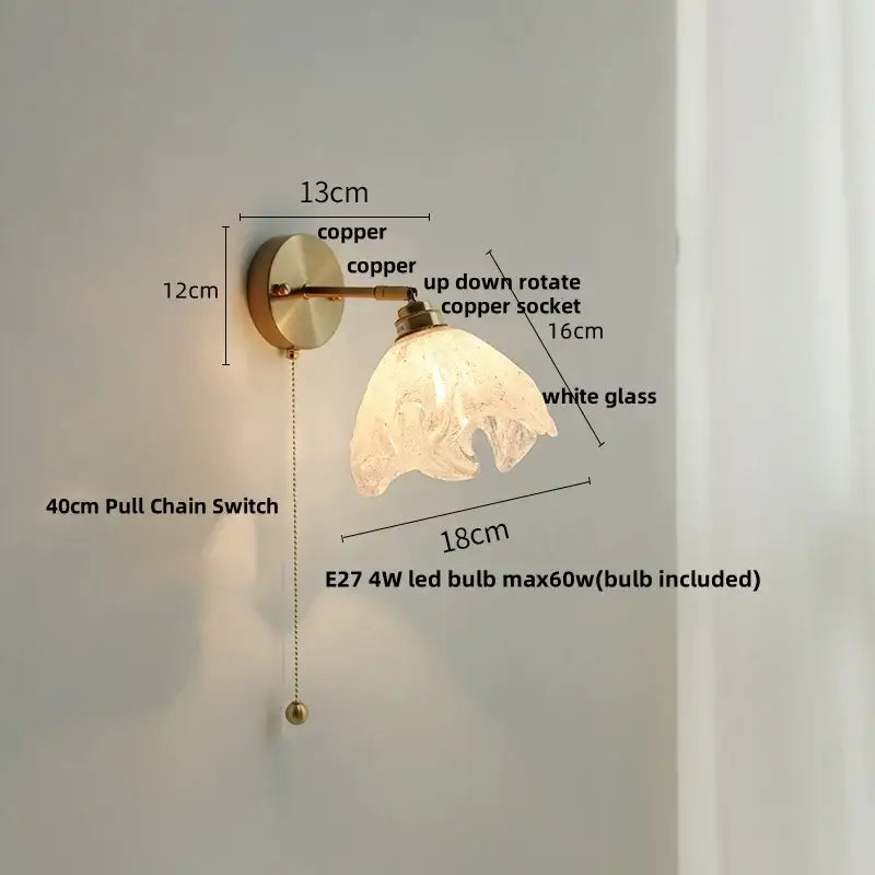 Japanese style brass and white glass wall sconce bedroom pull light