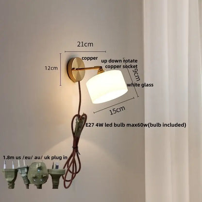 Japanese style brass and white glass wall sconce bedroom pull light