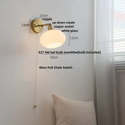 Japanese style brass and white glass wall sconce bedroom pull light