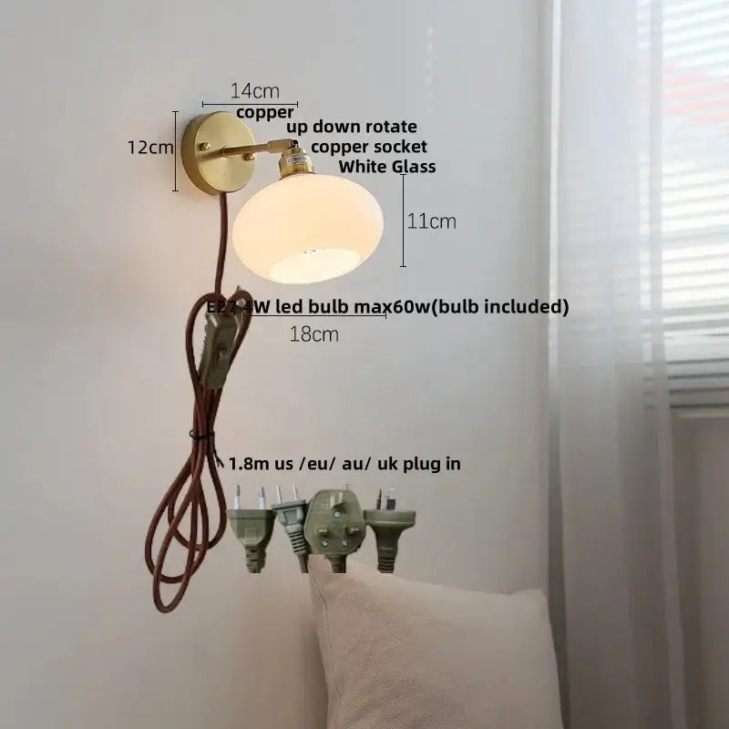 Japanese style brass and white glass wall sconce bedroom pull light