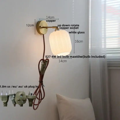 Japanese style brass and white glass wall sconce bedroom pull light