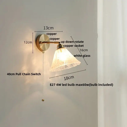 Japanese style brass and white glass wall sconce bedroom pull light