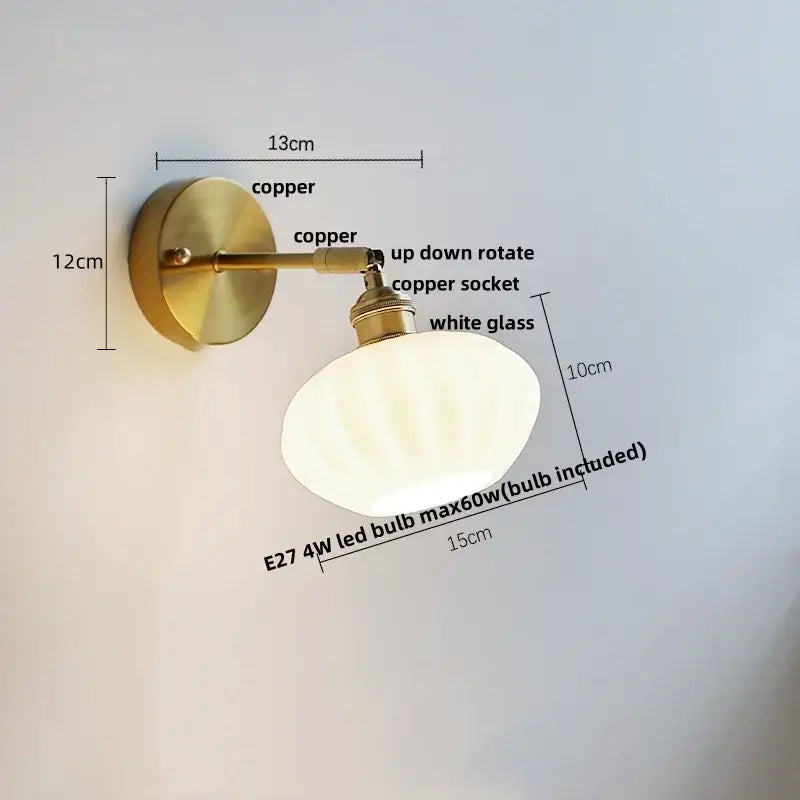 Japanese style brass and white glass wall sconce bedroom pull light