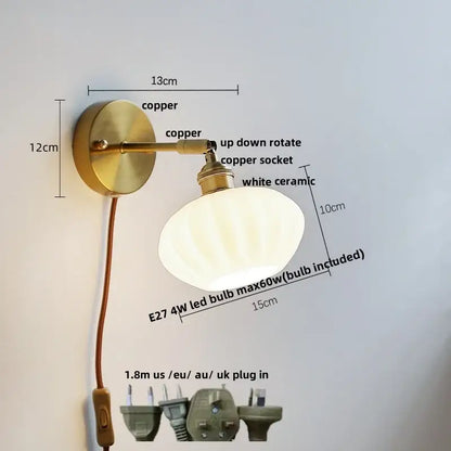 Japanese style brass and white glass wall sconce bedroom pull light